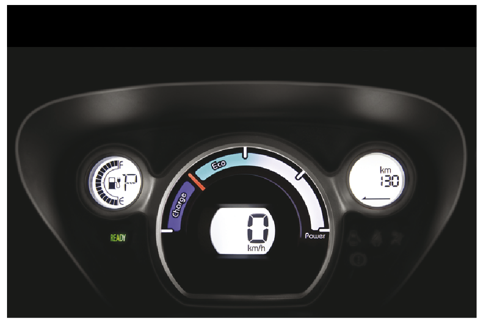 Quadro strumenti: al posto del tradizionale indicatore del livello carburante troviamo quello del «pieno» di energia. Al centro l’indicatore a lancetta indica: nella zona blu scuro (Charge) che il sistema sta «recuperando» l’energia, in quella verde chiaro (Eco) che si guida in modalità «economy», nella zona bianca che si viaggia più o meno allegramente... Citroen C-Zero quadro strumenti