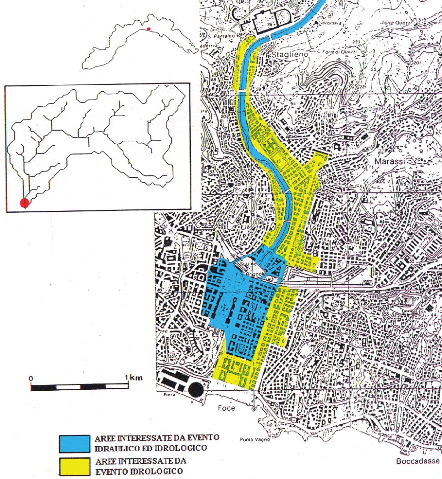 Bacino T. Bisagno. Nel bacino del torrente Bisagno, nella zona compresa tra Staglieno e la foce, tutte le aree afferenti al torrente sono state allagate. Maggiormente colpiti sono stati i quartieri di Marassi, San Fruttuoso e la zona di P.zza della Vittoria Alluvione Genova