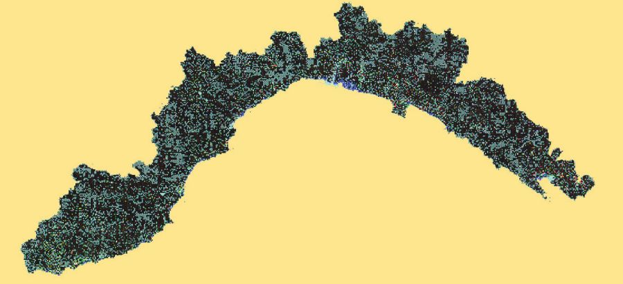 (Fig. 1). Indice di Urbanizzazione della Regione Liguria estratto da: Calore C., 1993. Sviluppo di una modellistica distribuita dei fenomeni di ricarica idrologica per il controllo e la gestione delle risorse idriche subsuperficiali alla scala di bacino. Tesi di Laurea, Univ. di Genova, A.A. 1991/92 Dissesto idrogeologico