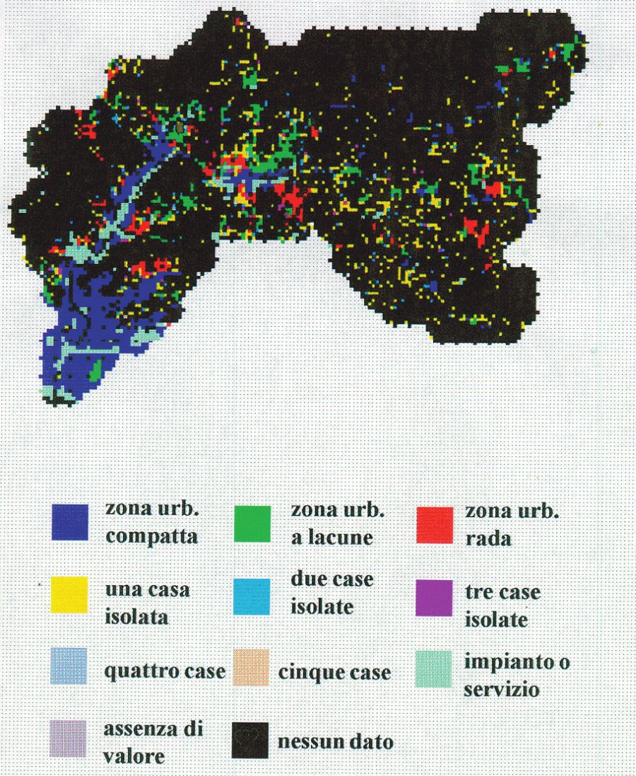 (Fig. 2). Indice di Urbanizzazione del Bacino del Torrente Bisagno estratto da: Calore C., 1993. Sviluppo di una modellistica distribuita dei fenomeni di ricarica idrologica per il controllo e la gestione delle risorse idriche subsuperficiali alla scala di bacino. Tesi di Laurea, Univ. di Genova, A.A. 1991/92